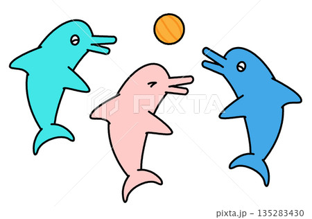 水族館でボール遊びをするイルカたちのかわいいイラスト 135283430