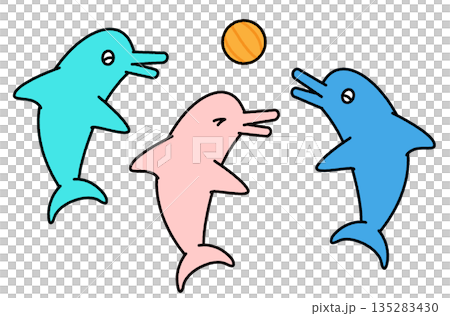 水族館でボール遊びをするイルカたちのかわいいイラスト 135283430