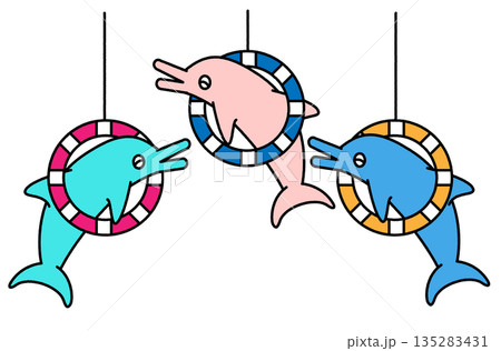 水族館で輪くぐりをするイルカたちのかわいいイラスト 水族館で輪くぐりをするイルカたちのかわいいイラスト 135283431
