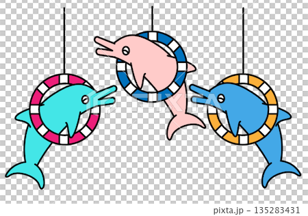 水族館で輪くぐりをするイルカたちのかわいいイラスト 水族館で輪くぐりをするイルカたちのかわいいイラスト 135283431