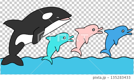 水族館裡虎鯨和海豚躍出水面的表演插圖 135283433