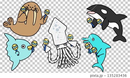 水族館の海の生き物たちが集まったかわいいイラスト 135283436