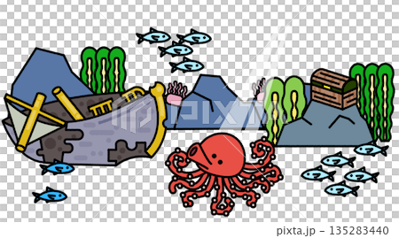 以沉船和海洋生物為主題的水下插畫背景 135283440
