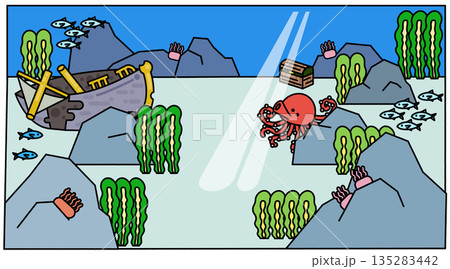 光が差し込む海中と沈没船を描いた横長の背景イラスト 135283442