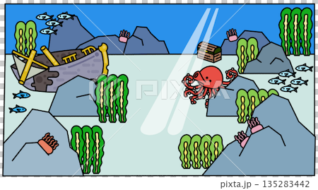 光が差し込む海中と沈没船を描いた横長の背景イラスト 135283442