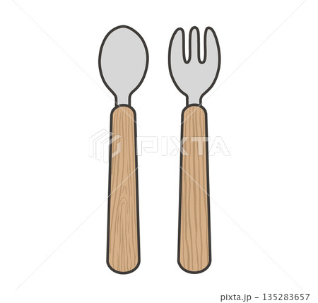 木の持ち手の子供用スプーンフォークのイラスト 135283657
