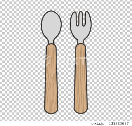 木の持ち手の子供用スプーンフォークのイラスト 135283657