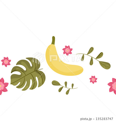 Seamless border with banana, pink flowers, and tropical leaves. Vibrant vector illustration, white background. For exotic wallpaper trim and fabric, tropical-themed designs. 135283747