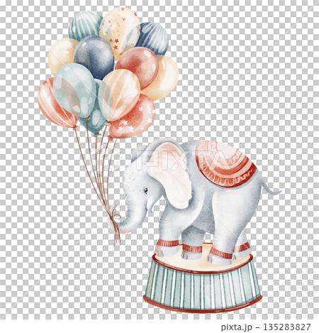 Cute elephant stands on podium with balloons. Watercolor cartoon illustration for children. Circus animal, nursery art, birthday card design. Isolated baby elephant clipart. 135283827