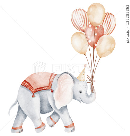 Watercolor illustration of an elephant walking with balloons. Suitable for children's books, nursery art, and birthday cards. Cartoon style, isolated on white background. 135283863