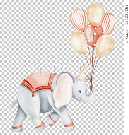 Watercolor illustration of an elephant walking with balloons. Suitable for children's books, nursery art, and birthday cards. Cartoon style, isolated on white background. 135283863