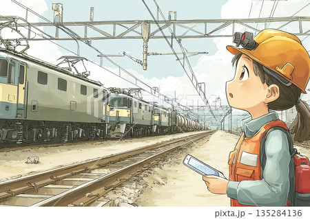 貨物列車を点検する女性作業員の仕事風景｜鉄道物流と社会インフラを支える現場 135284136