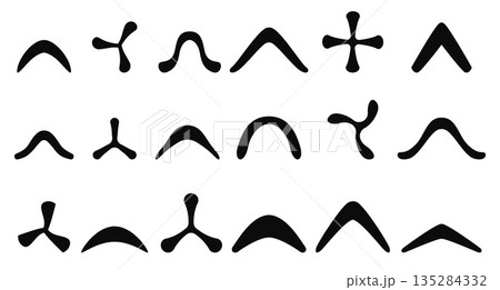 Aboriginal boomerangs. Different boomerang black silhouettes. Australian native weapon, sport tools. Children toys, activity game equipment, sapid vector set 135284332
