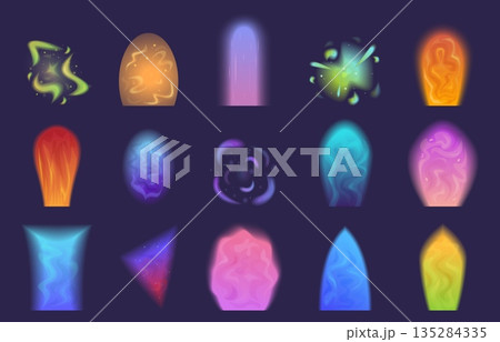 Portal effects. Shine vibrant effect, liquid glow plasma. Magic vortex, glowing fantasy teleports. Fantastic computer game elements, sapid vector set 135284335