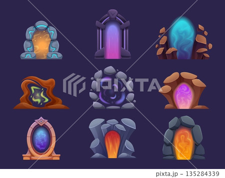 Fantasy magic portals. Shining game gates, teleports with arches from stones. Futuristic entrances for alien, in other worlds or dimensions sapid vector set 135284339