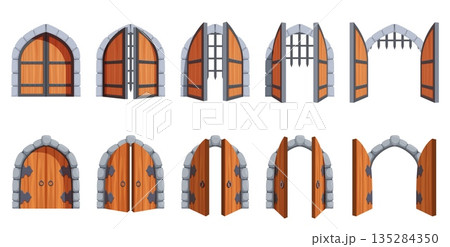 Old castle door with iron lattice. Medieval doors opening process step by step. Gates in palace, dungeon entrance. Passage to cellar, gateway sapid vector scene Old castle door with iron lattice. Medieval doors opening process step by step. Gates in palace, dungeon entrance. Passage to cellar, gateway sapid vector scene 135284350