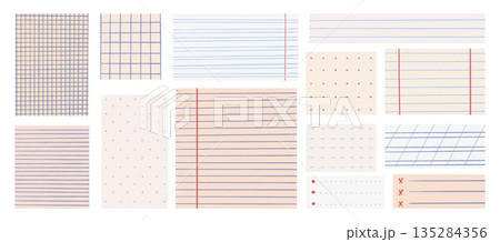 Sheets for notes. Paper sheet template with hand drawn lines, grids, dots. Notebook papers, checklist and marks design for journal, daily planner, neoteric vector set 135284356