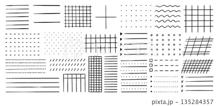 Doodle line grids for notes. Pencil drawing lines for notebook, note sheets, bullet journal. Mark list templates, checklist textures, hand drawn neoteric vector design 135284357