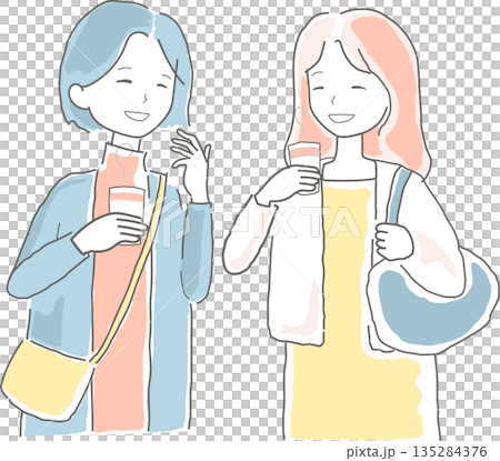 描繪女性享受旅行和購物的插圖 描繪女性享受旅行和購物的插圖 135284376
