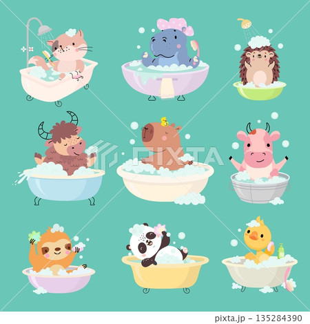 Animal bath. Animals relaxing in bathtub with soap bubbles, shampoo, water. Washing time, cat hippo panda washing. Children mascots, nowaday vector set 135284390