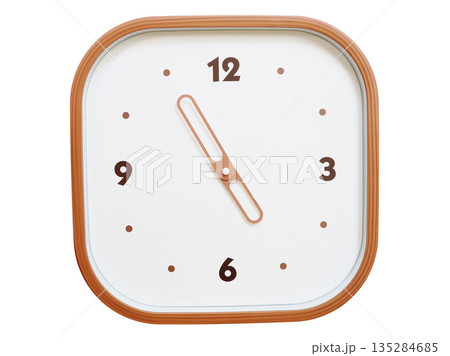 Minimalist wooden square wall clock isolated on white background showing 04:55 or 16:55 135284685
