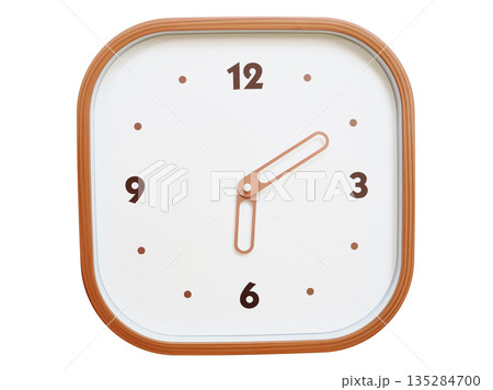Minimalist wooden square wall clock isolated on white background showing 06:10 or 18:10 135284700