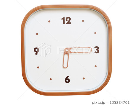 Minimalist wooden square wall clock isolated on white background showing 06:15 or 18:15 135284701