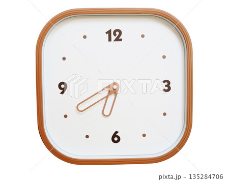Minimalist wooden square wall clock isolated on white background showing 06:40 or 18:40 135284706