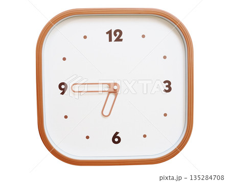 Minimalist wooden square wall clock isolated on white background showing 06:45 or 18:45 Minimalist wooden square wall clock isolated on white background showing 06:45 or 18:45 135284708