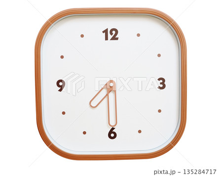 Minimalist wooden square wall clock isolated on white background showing 07:30 or 19:30 135284717