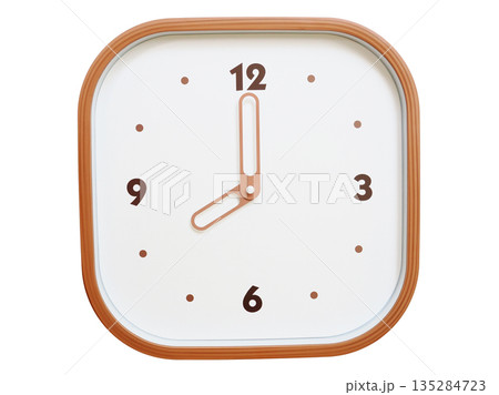Minimalist wooden square wall clock isolated on white background showing 08:00 or 20:00 135284723