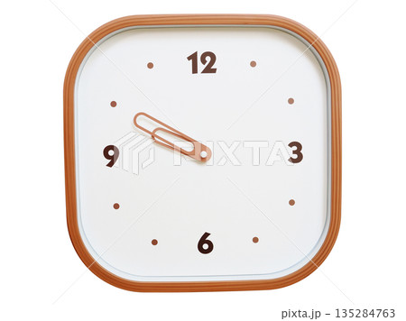 Minimalist wooden square wall clock isolated on white background showing 09:50 or 21:50 135284763