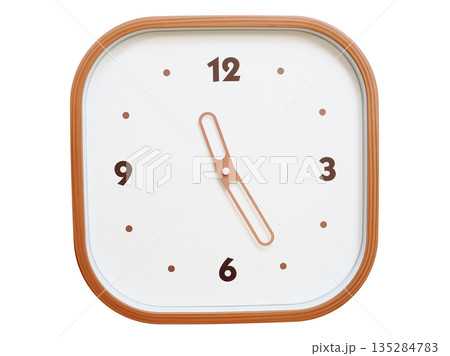 Minimalist wooden square wall clock isolated on white background showing 11:25 or 23:25 135284783