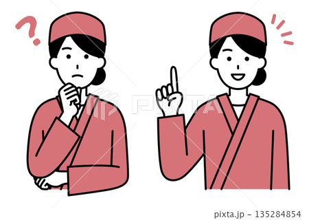 アイデアを考える/ひらめく和食屋の女性店員 セット アイデアを考える/ひらめく和食屋の女性店員 セット 135284854