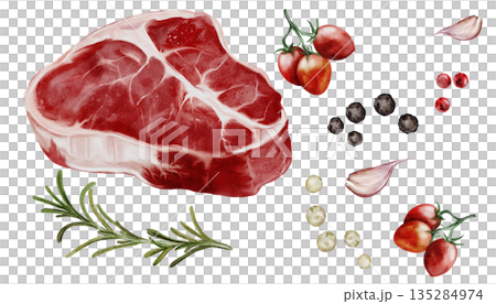Fresh meat with spices, big watercolor set. Food clip art. Beef steak on a white background with rosemary, garlic, and three types of pepper. Perfect for butcher shop signs, restaurant menus, and 135284974