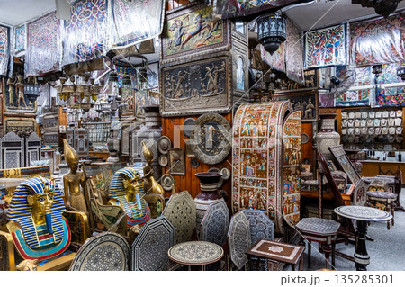 Egyptian souvenirs displayed in the window of the store for tourists in Cairo 135285301