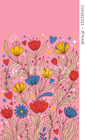 Floral Pattern with Hearts and Stars on Pink Background 135285431