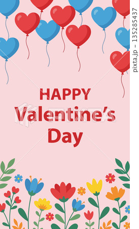 Happy Valentine's Day with Balloons and Flowers 135285437