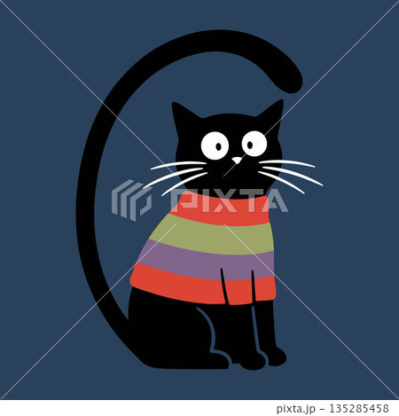 Cartoon Black Cat with Striped Sweater 135285458