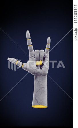 Surreal segmented rock hand gesture with yellow highlights. Surreal segmented rock hand gesture with yellow highlights. 135285545