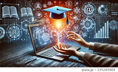 ノートパソコンと卒業帽を掲げる手 ノートパソコンと卒業帽を掲げる手 135285903