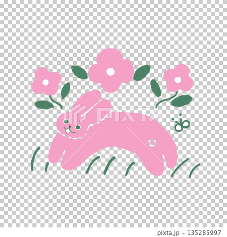 粉紅色的花朵和一隻活力四射的兔子－簡單的插畫素材 135285997