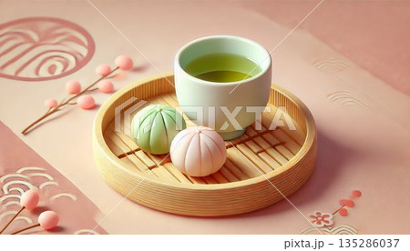 柔らかなピンクの背景に置かれた繊細なお茶と三色だんご 柔らかなピンクの背景に置かれた繊細なお茶と三色だんご 135286037
