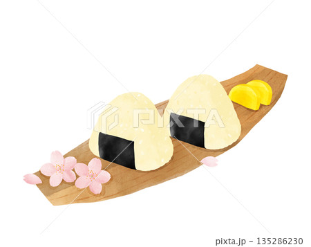 お花見の水彩イラスト・竹の皮に乗ったおにぎりと桜・春の行楽・和食 お花見の水彩イラスト・竹の皮に乗ったおにぎりと桜・春の行楽・和食 135286230