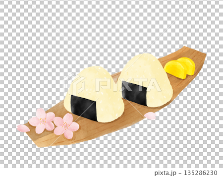 お花見の水彩イラスト・竹の皮に乗ったおにぎりと桜・春の行楽・和食 お花見の水彩イラスト・竹の皮に乗ったおにぎりと桜・春の行楽・和食 135286230