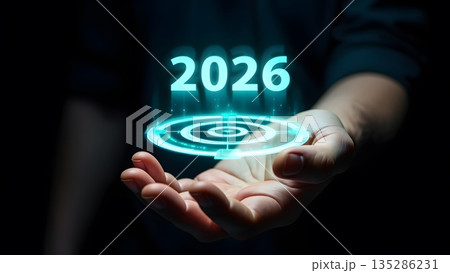 Futuristic Hand Holding Holographic 2026 Target Vision Concept 135286231