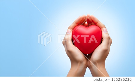 Hands Holding a Red Heart Against a Soft Blue Background Hands Holding a Red Heart Against a Soft Blue Background 135286236