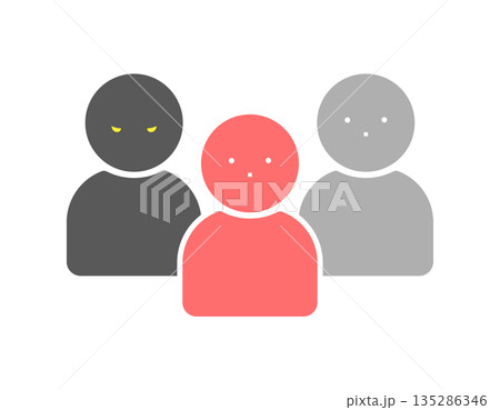 1人の人物が怖い顔をしている3人組のアイコン - 被害者と加害者の関係を表すシンプルなイラスト 1人の人物が怖い顔をしている3人組のアイコン - 被害者と加害者の関係を表すシンプルなイラスト 135286346