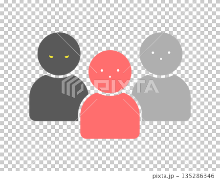 1人の人物が怖い顔をしている3人組のアイコン - 被害者と加害者の関係を表すシンプルなイラスト 1人の人物が怖い顔をしている3人組のアイコン - 被害者と加害者の関係を表すシンプルなイラスト 135286346