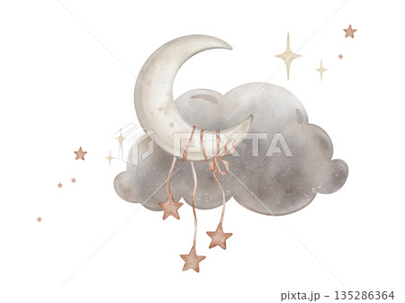 Composition with moon with clouds and stars. Yellow crescent moon. Cute baby Isolated hand drawn Watercolor illustration. Design for kid's goods, textiles, postcards, baby shower and children's room Composition with moon with clouds and stars. Yellow crescent moon. Cute baby Isolated hand drawn Watercolor illustration. Design for kid's goods, textiles, postcards, baby shower and children's room 135286364